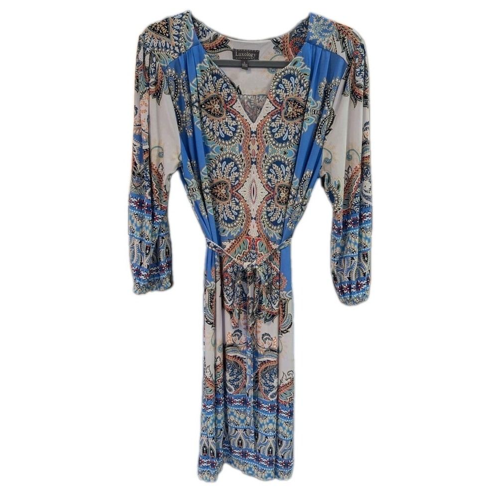 Luxology women L Embroidered V Neck Colorful Shift dress 3/4 Slv Boho Resortwear